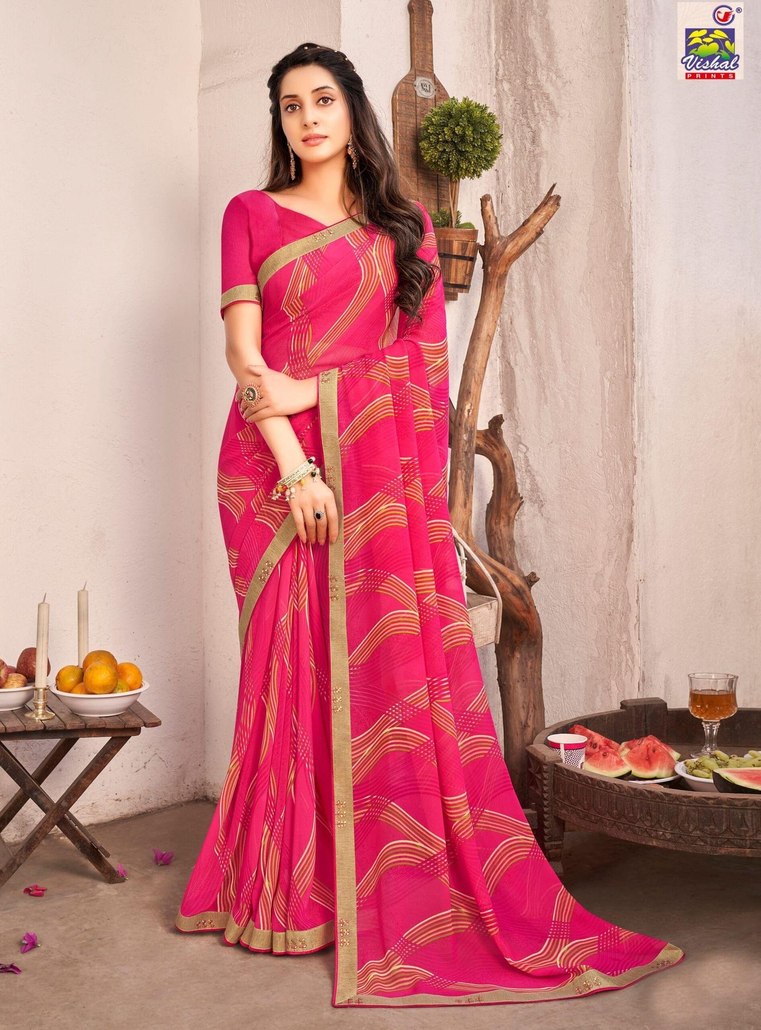 Pink Color Georgette Printed Saree With Piping Border And Fancy Printed Blouse Piece