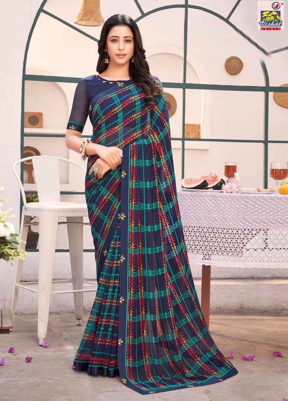 Multicolor Color Georgette Printed Saree With Piping Border And Fancy Printed Blouse Piece