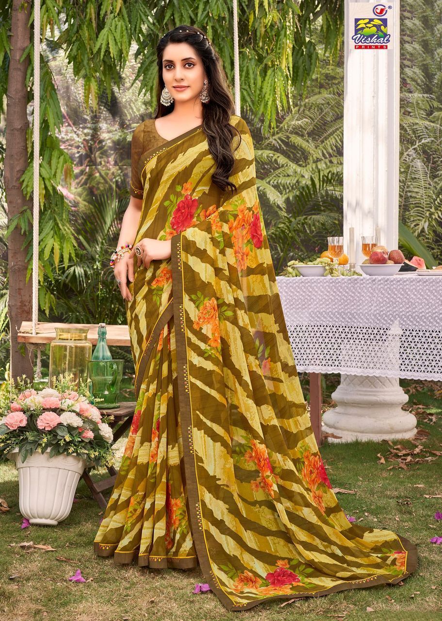 Multicolor Color Georgette Printed Saree With Piping Border And Fancy Printed Blouse Piece