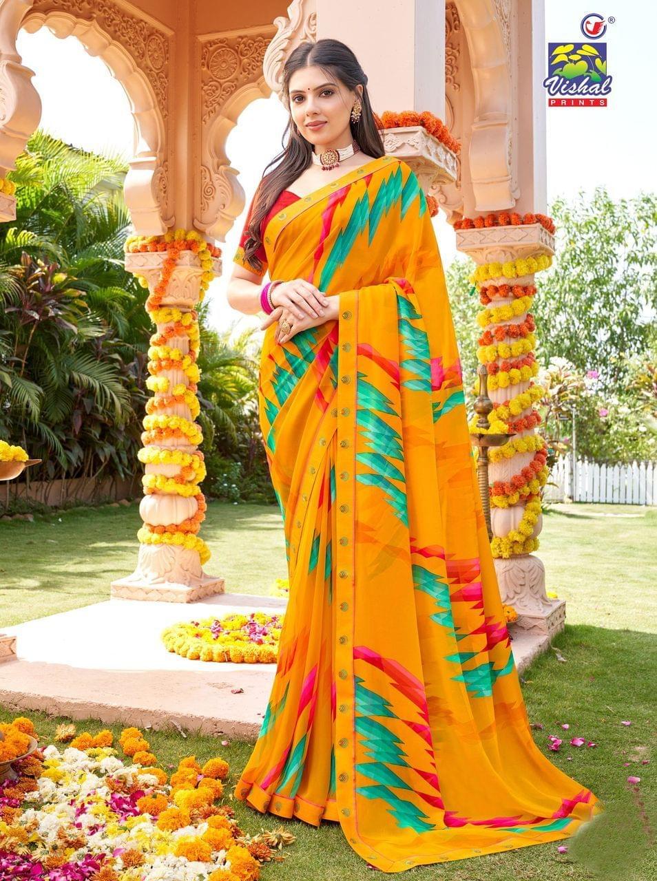 Yellow Color Georgette Printed Saree With Fancy Attached Border And Fancy Printed Blouse Piece