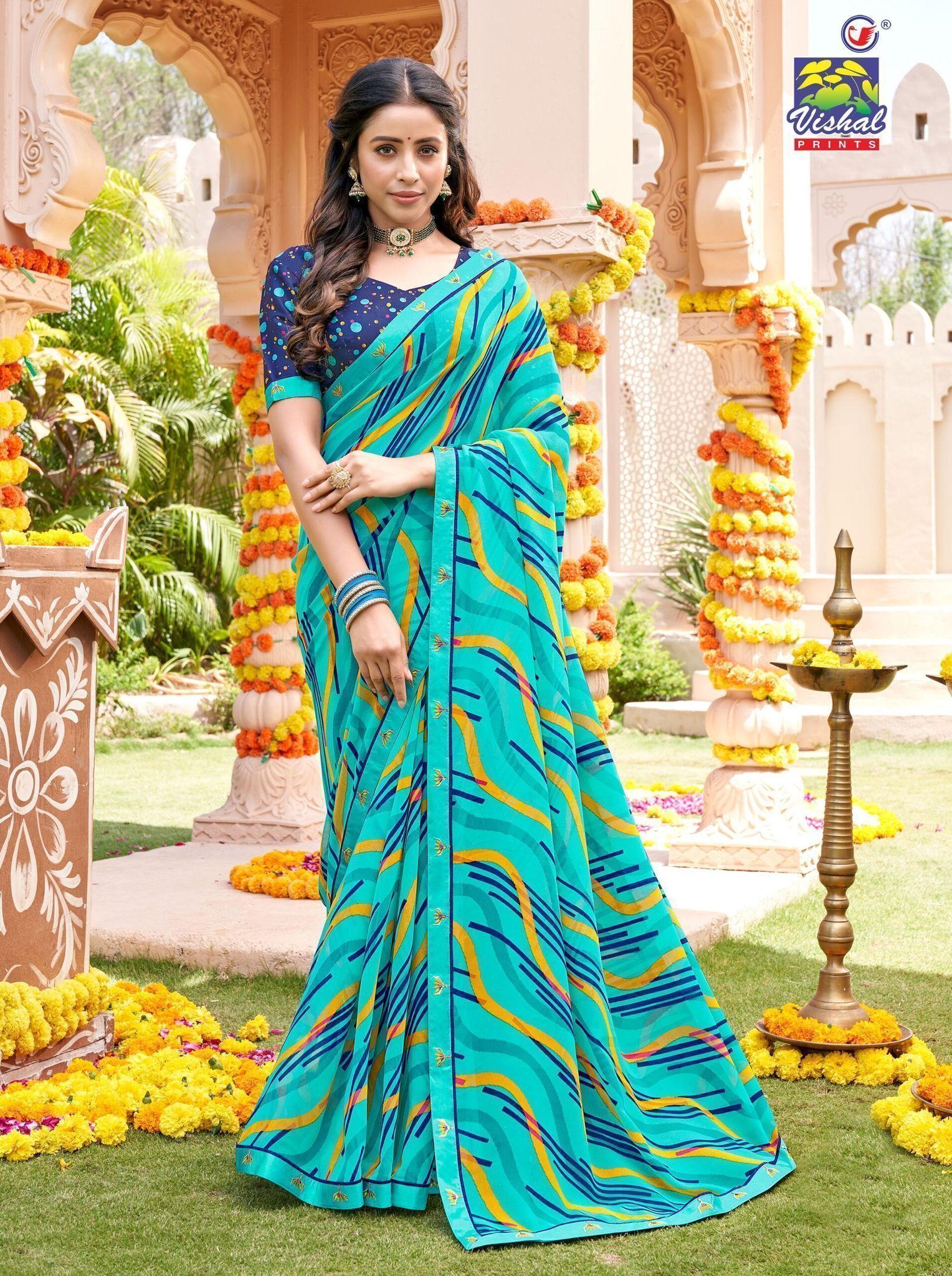 Multicolor Color Georgette Printed Saree With Fancy Attached Border And Fancy Printed Blouse Piece