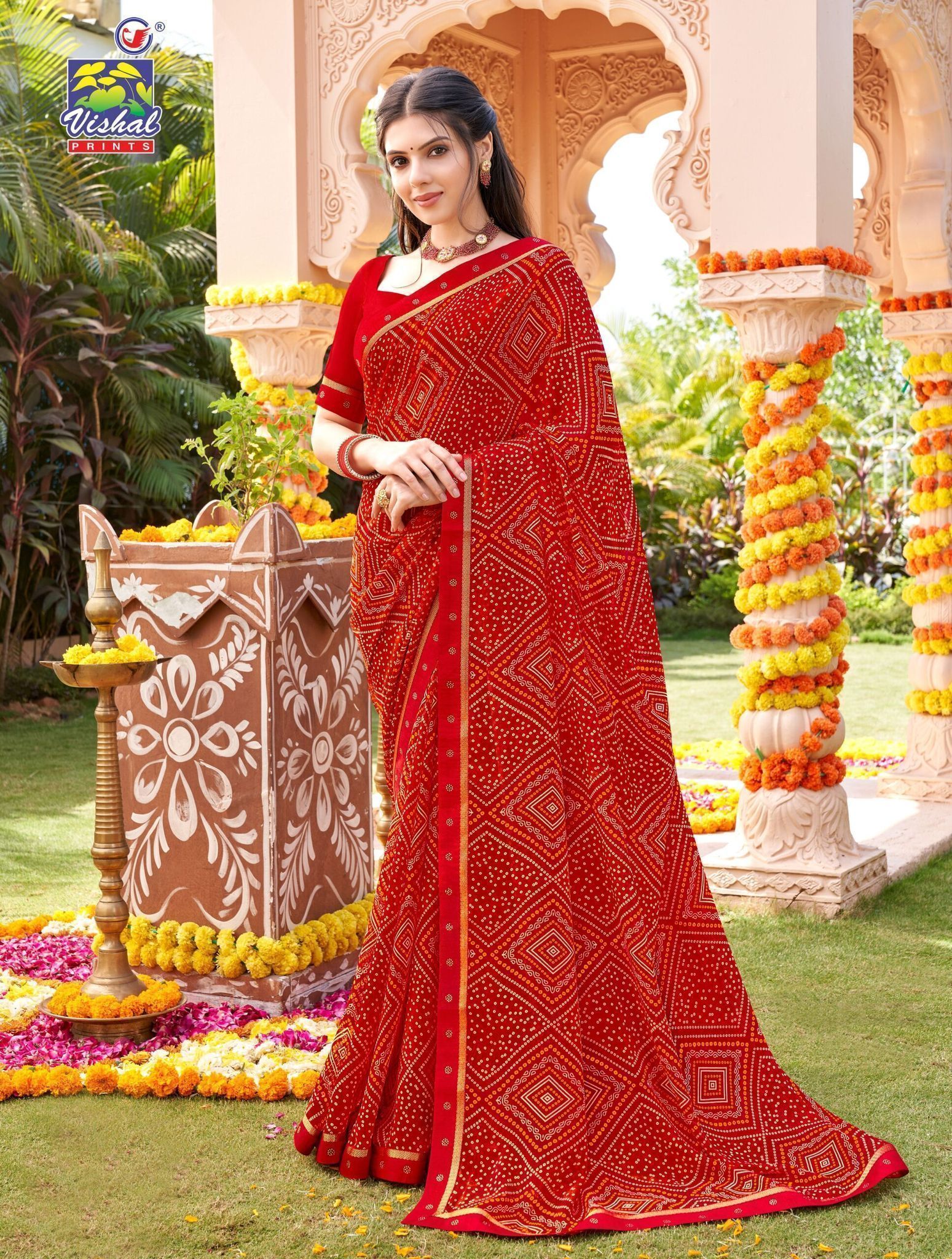 Red Color Georgette Printed Saree With Fancy Attached Border And Fancy Printed Blouse Piece