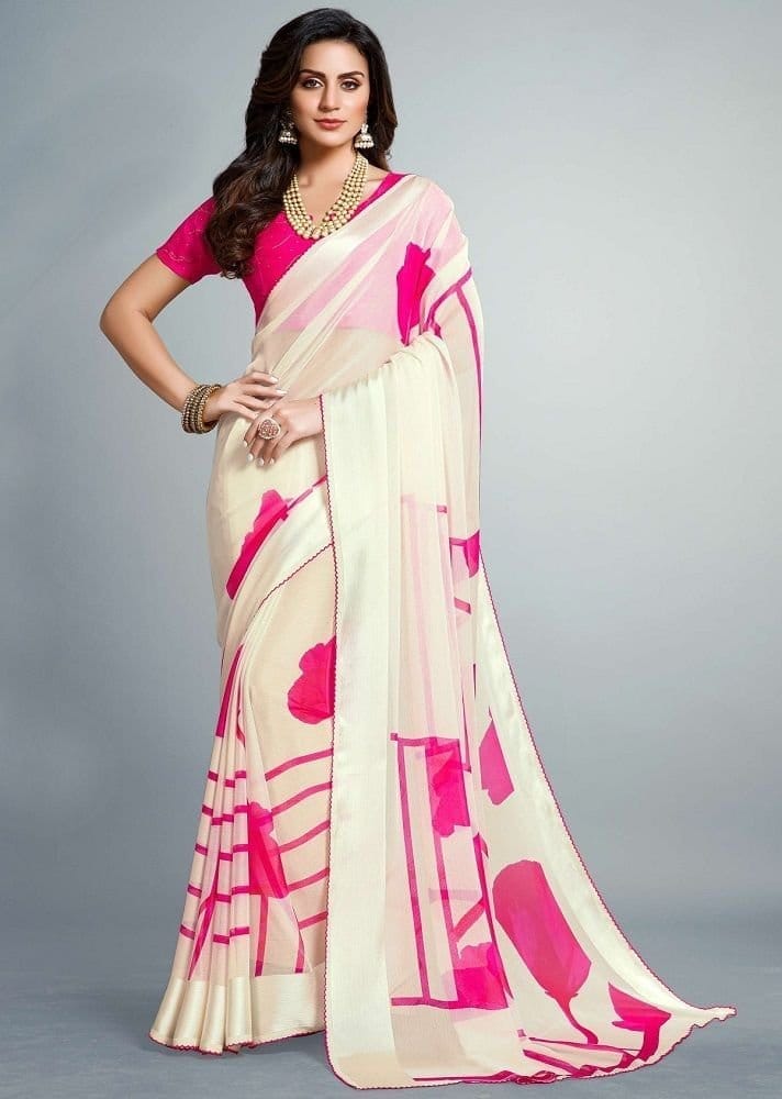 Digital Printed Chiffon Saree in Off White