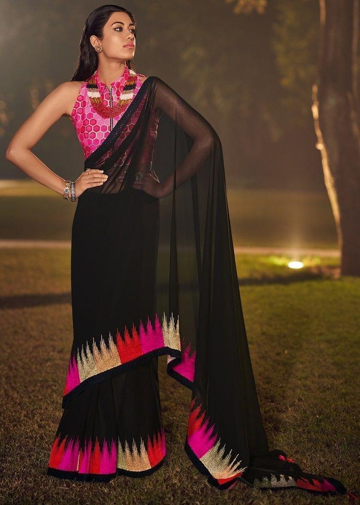 Embroidered Border Georgette Saree in Black
