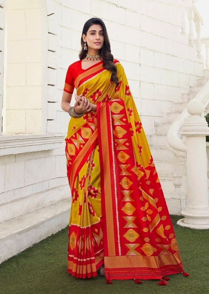 Ikat Printed Art Silk Saree in Yellow and Red