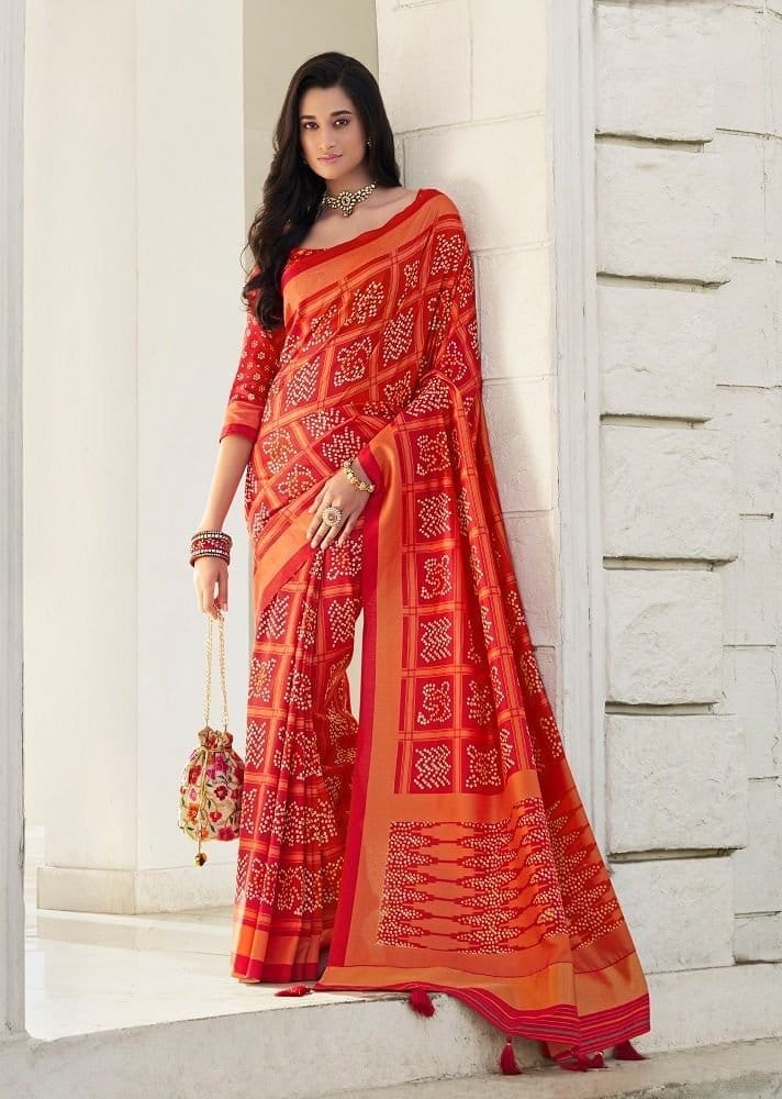 Bandhej Printed Art Silk Saree in Red
