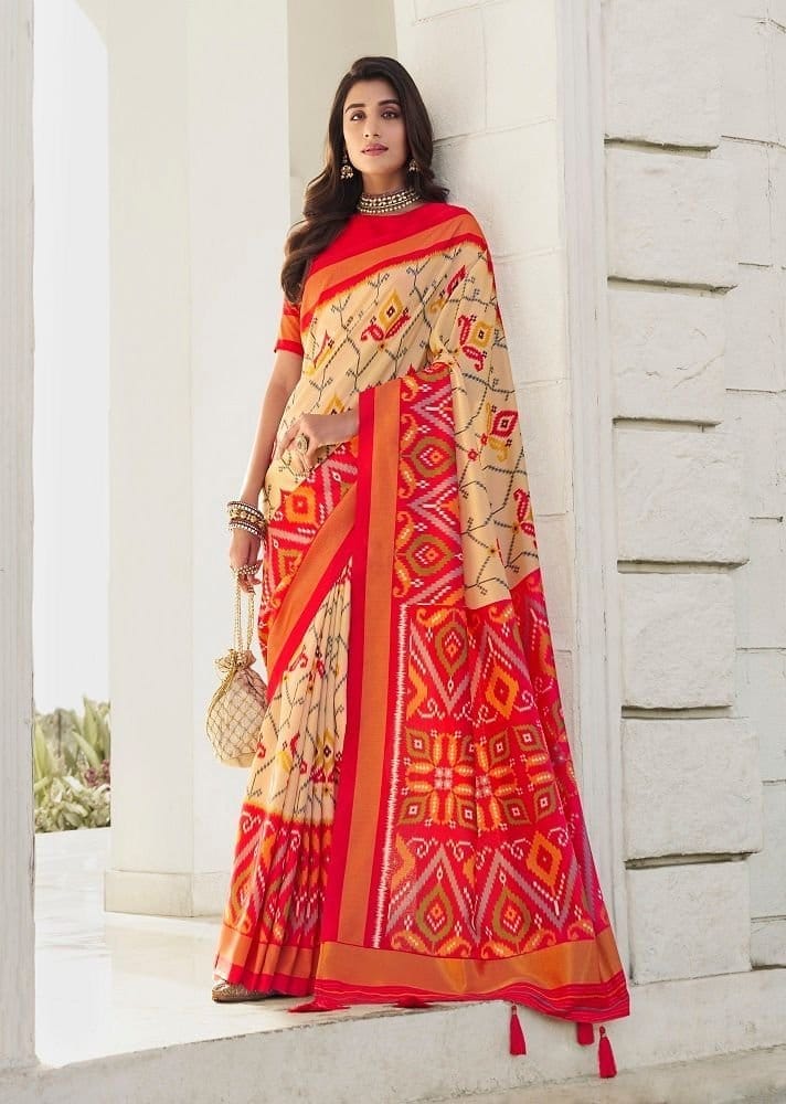 Ikat Printed Art Silk Saree in Beige