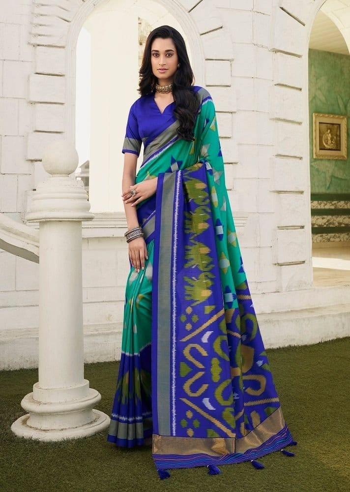 Ikat Printed Art Silk Saree in Teal Green
