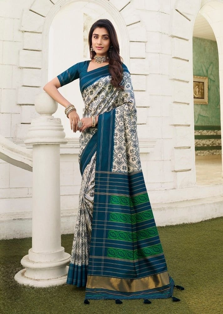 Ikat Printed Art Silk Saree in Beige