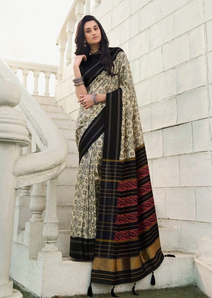 Ikat Printed Art Silk Saree in Beige