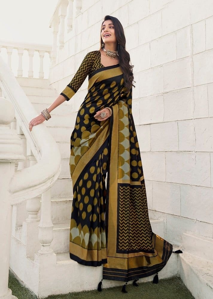 Ikat Printed Art Silk Saree in Black
