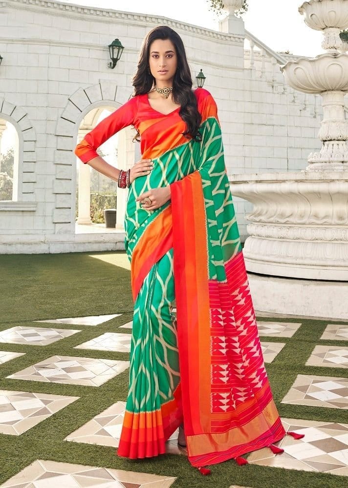 Ikat Printed Art Silk Saree in Sea Green