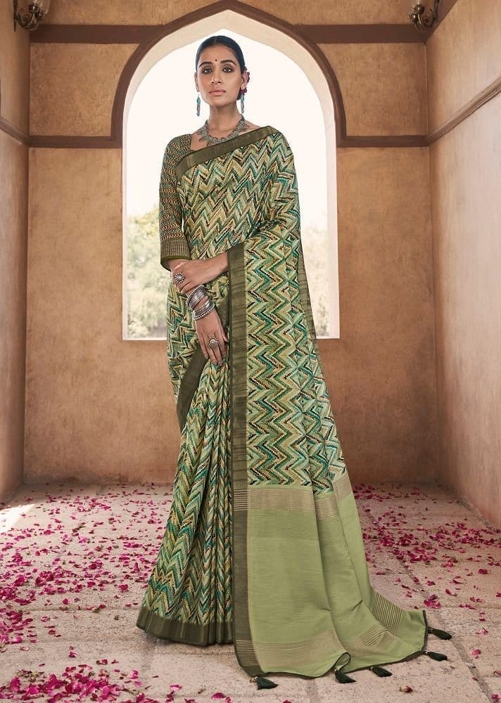 Digital Printed Art Silk Saree in Green