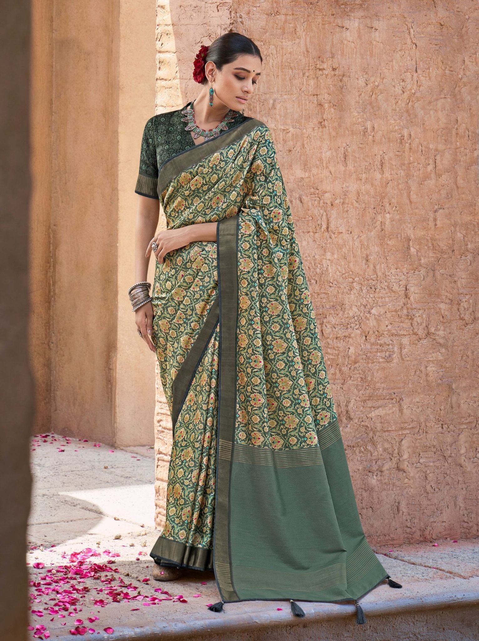 Digital Printed Art Silk Saree in Dark Green