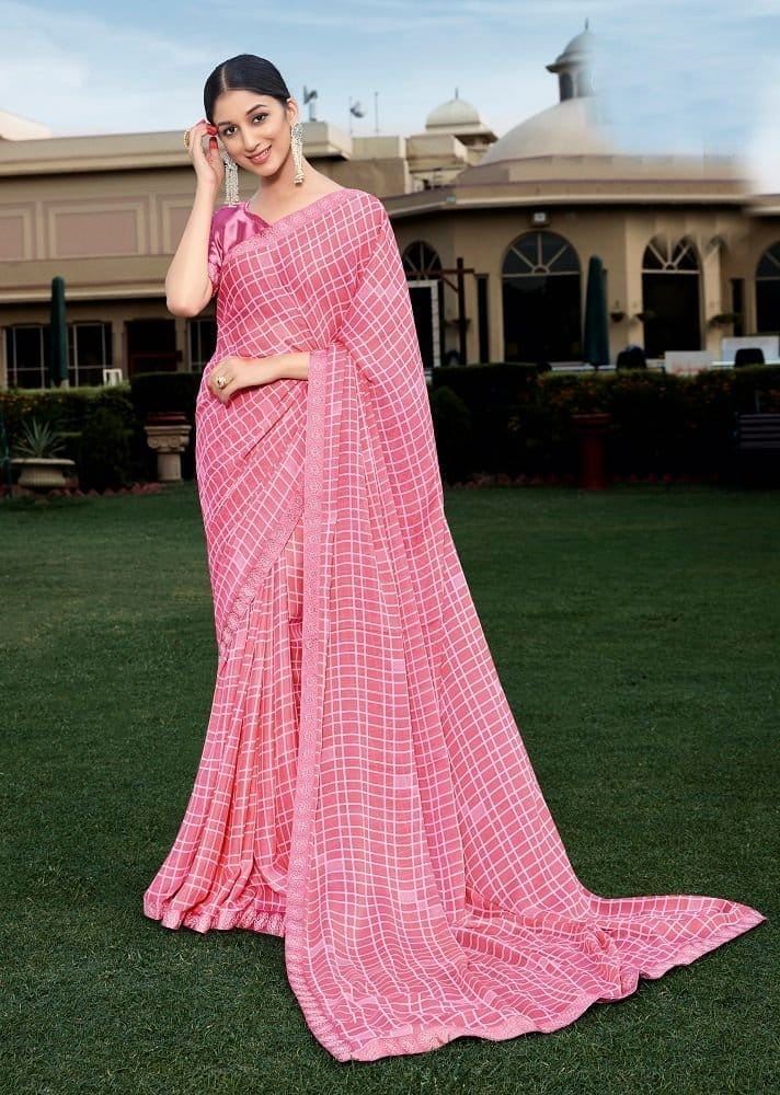 Checks Georgette Printed Saree in Pink