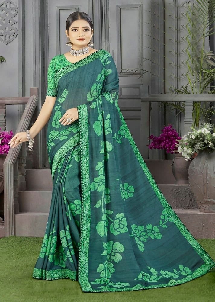 Digital Print Georgette Silk Saree in Green