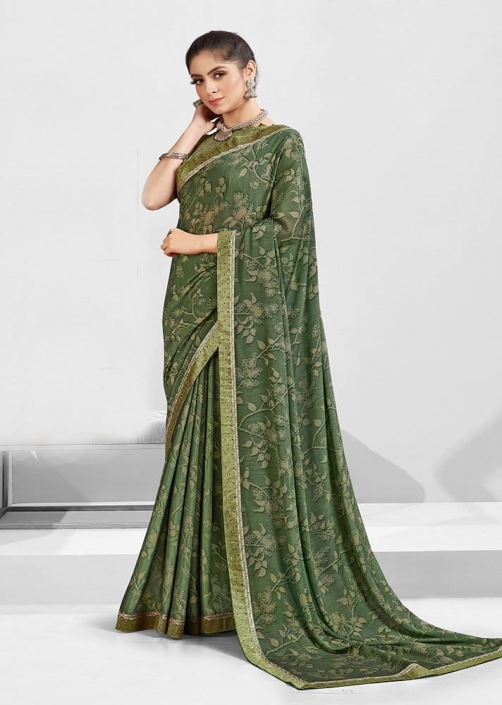 Digital Printed Georgette Saree in Green