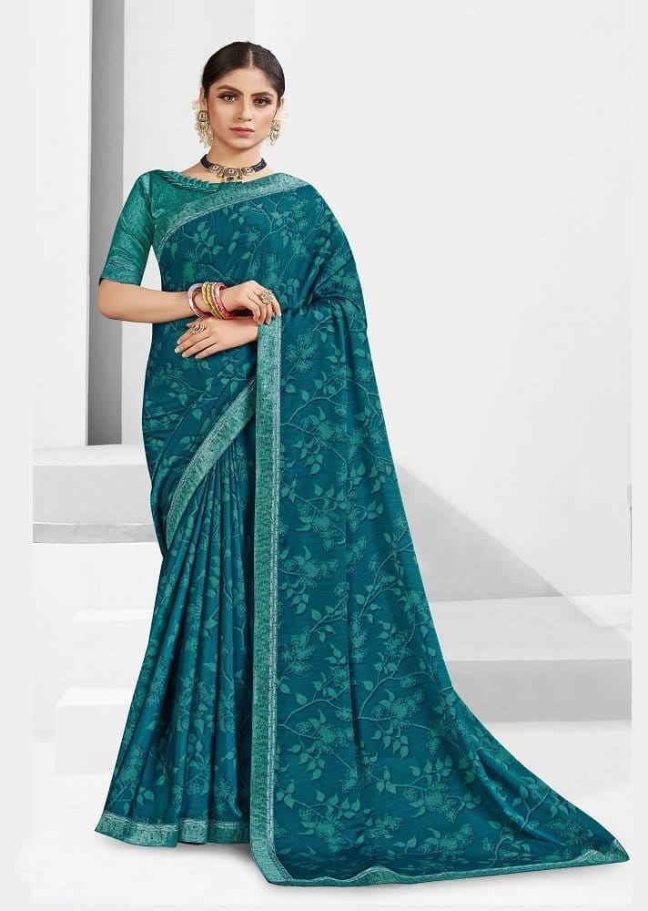 Digital Printed Georgette Saree in Teal Blue