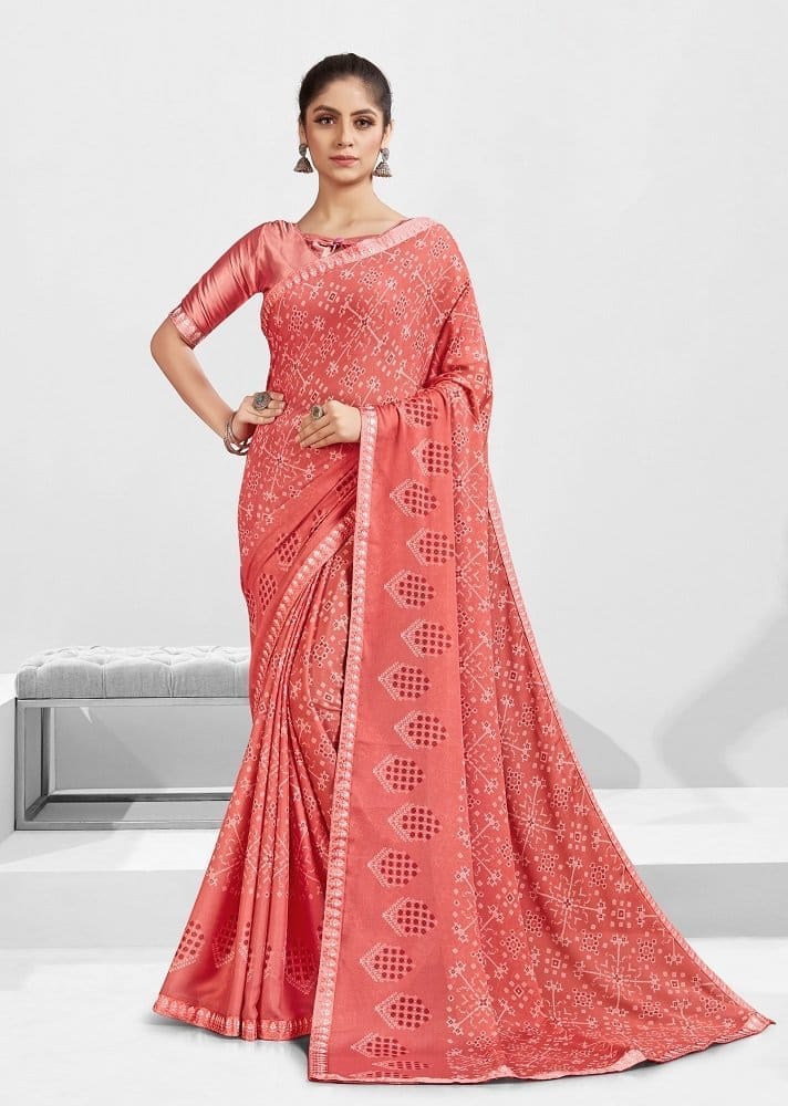 Digital Printed Georgette Saree in Peach