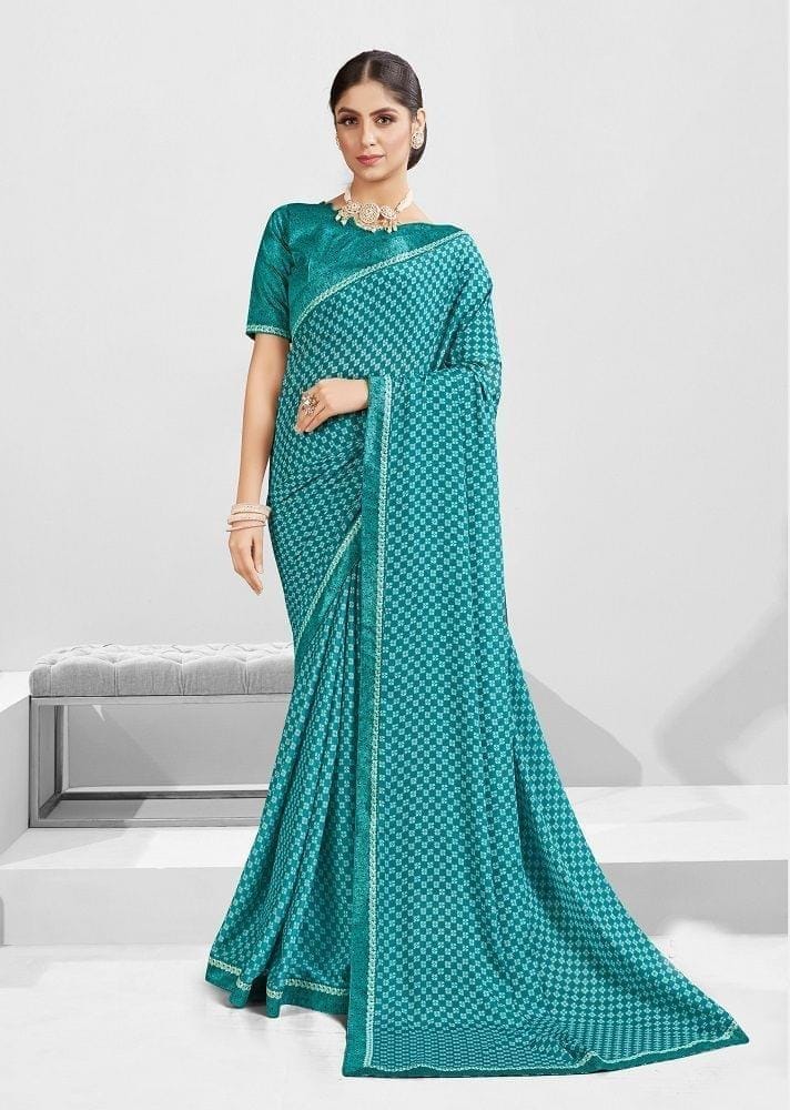 Digital Printed Georgette Saree in Teal Blue
