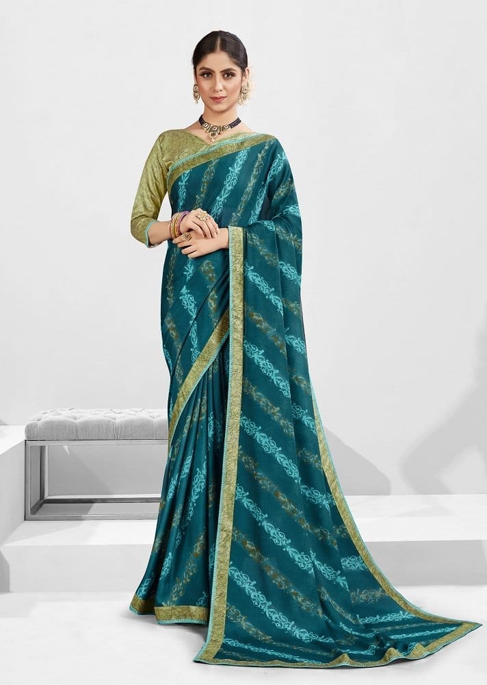 Digital Printed Georgette Saree in Teal Blue