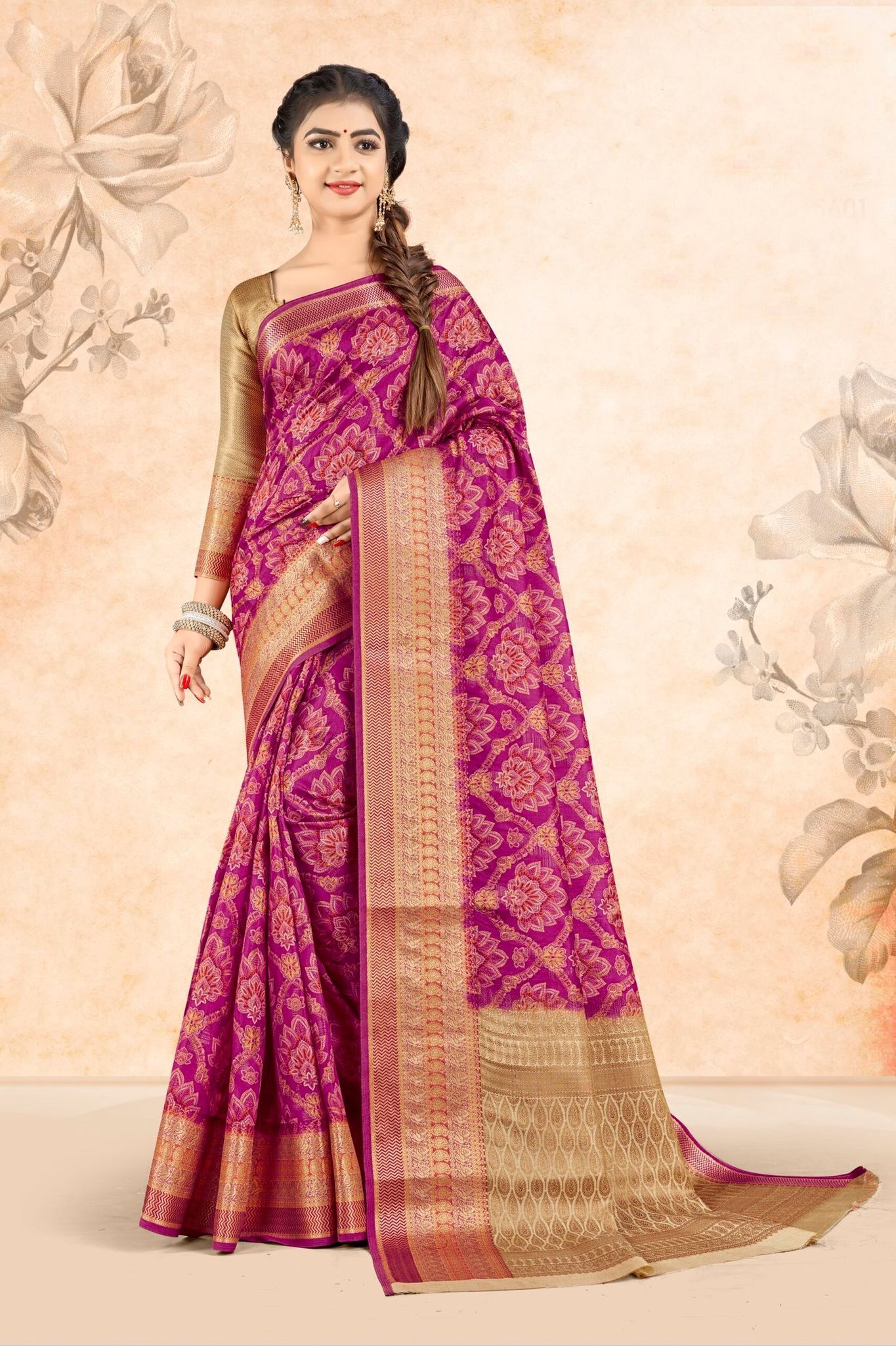 Digital Printed Art Silk Saree in Magenta
