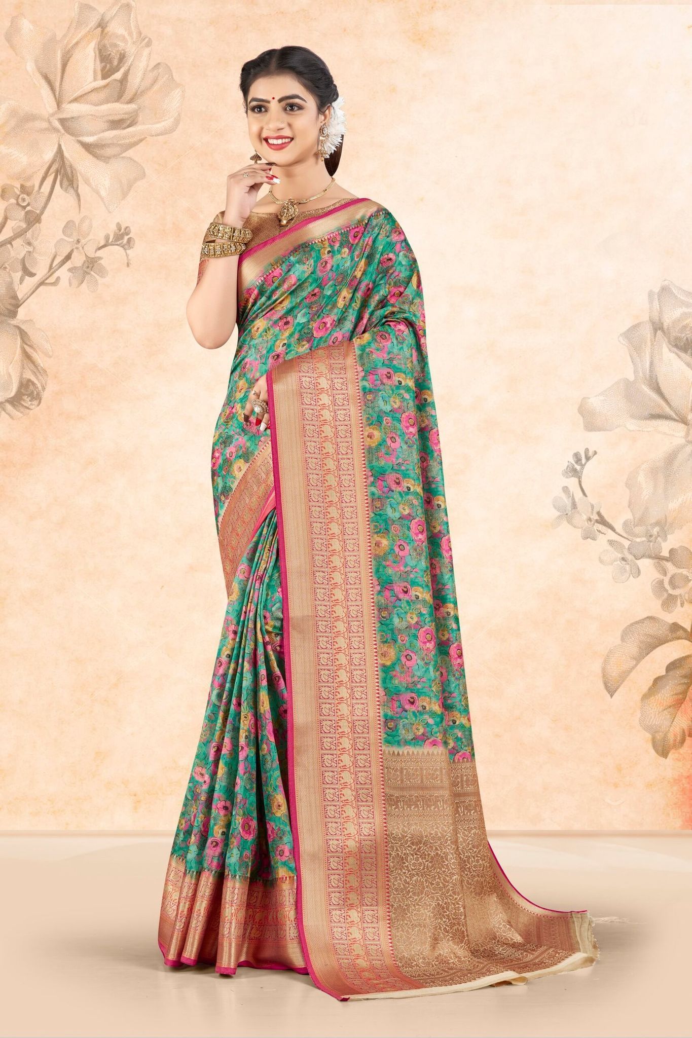 Digital Printed Art Silk Saree in Teal Green