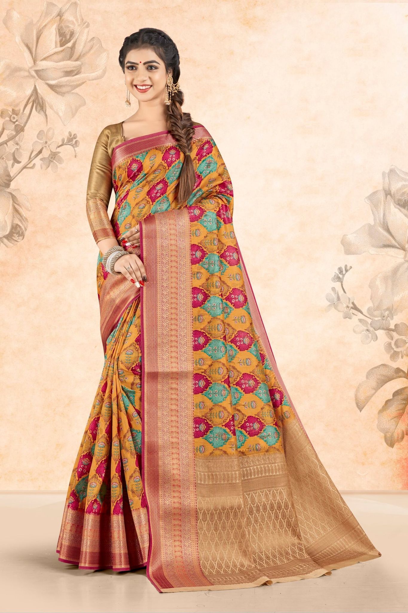 Digital Printed Art Silk Saree in Mustard