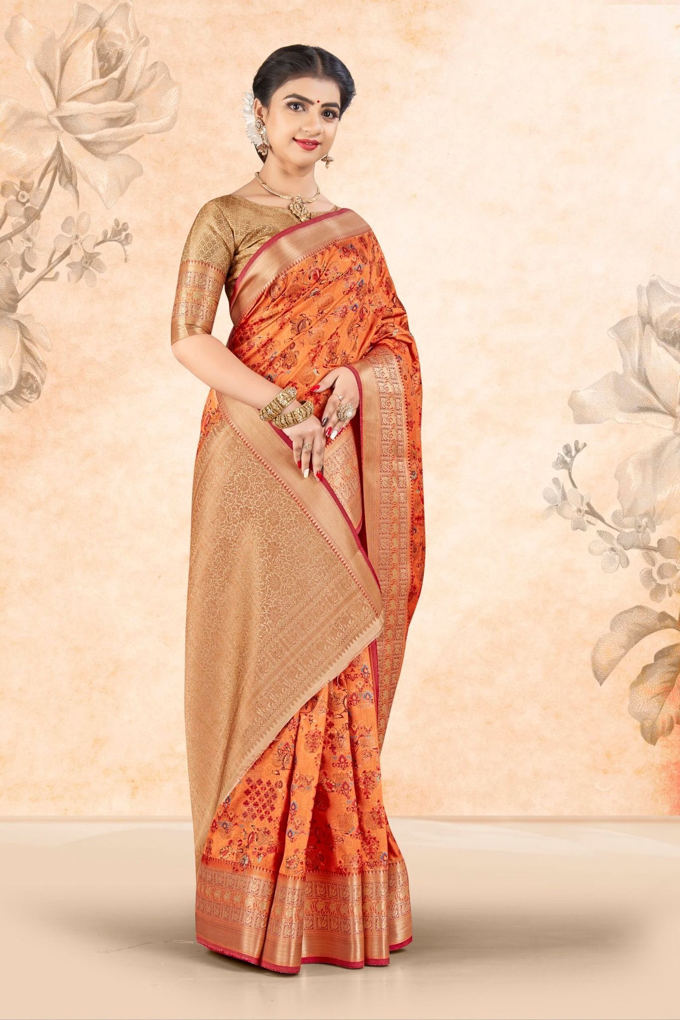 Digital Printed Art Silk Saree in Orange