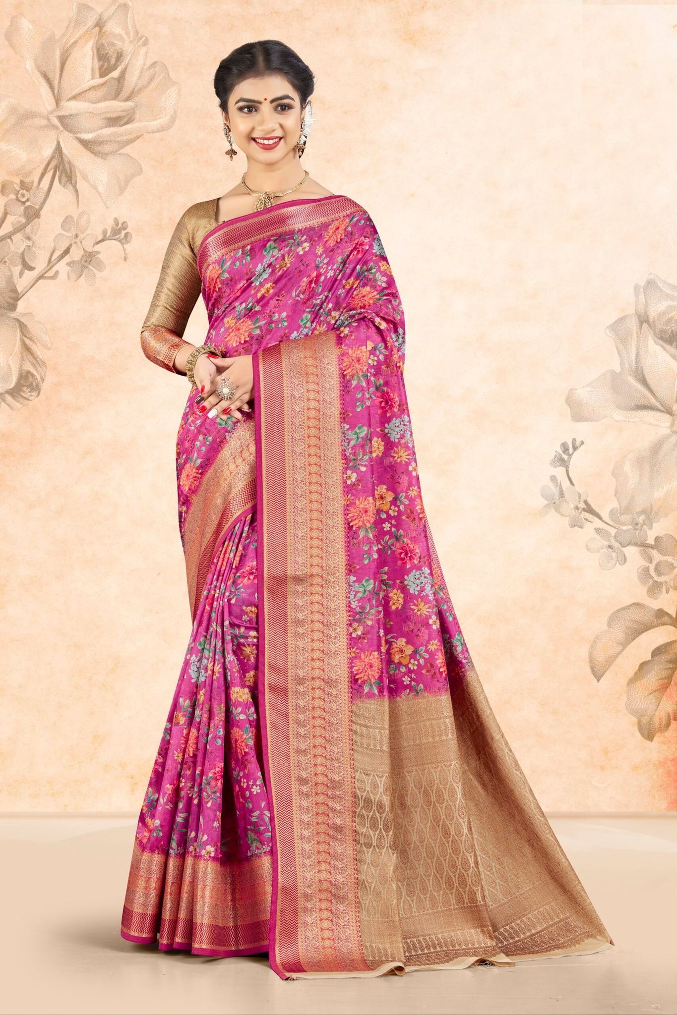 Digital Printed Art Silk Saree in Magenta