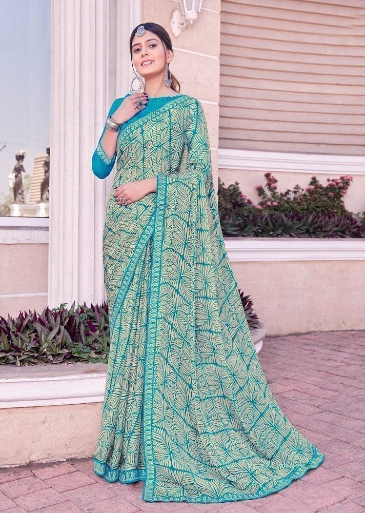 Digital Printed Georgette Saree in Turquoise