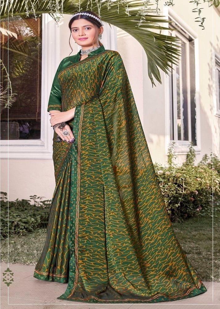 Digital Printed Georgette Saree in Dark Green