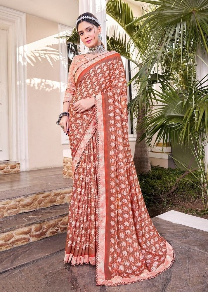 Digital Printed Georgette Saree in Brown