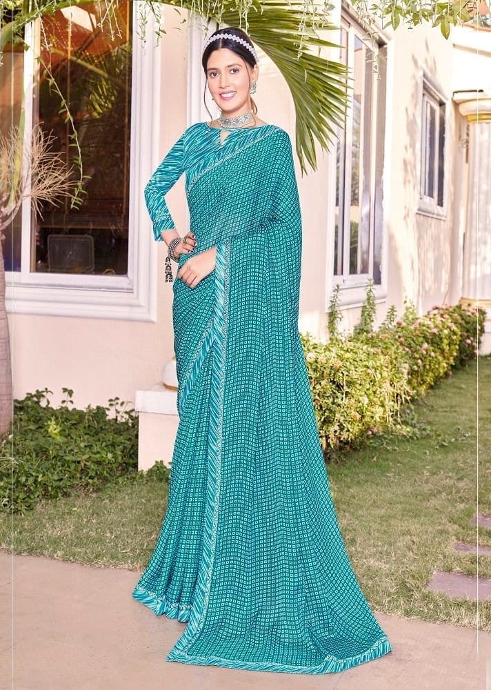 Digital Printed Georgette Saree in Turquoise