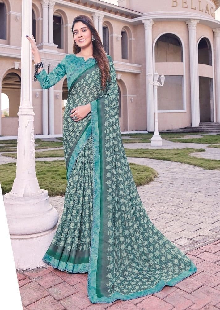Digital Printed Georgette Saree in Grey