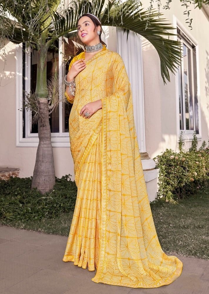 Digital Printed Georgette Saree in Yellow