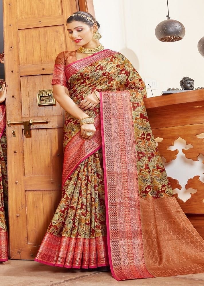 Digital Printed Art Silk Saree in Maroon and Beige