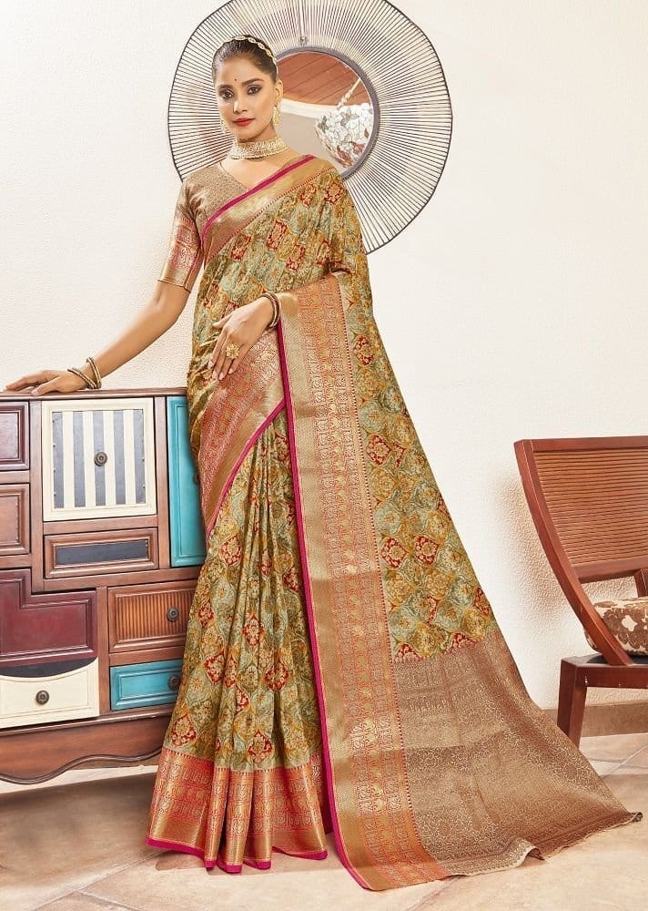 Digital Printed Art Silk Saree in Beige