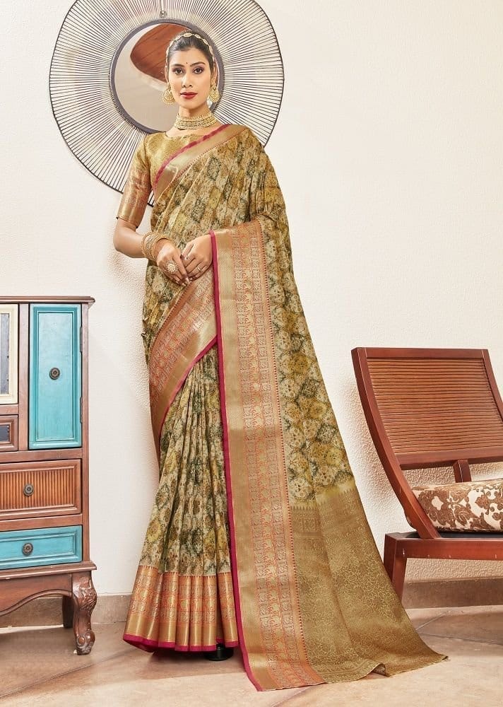 Digital Printed Art Silk Saree in Beige