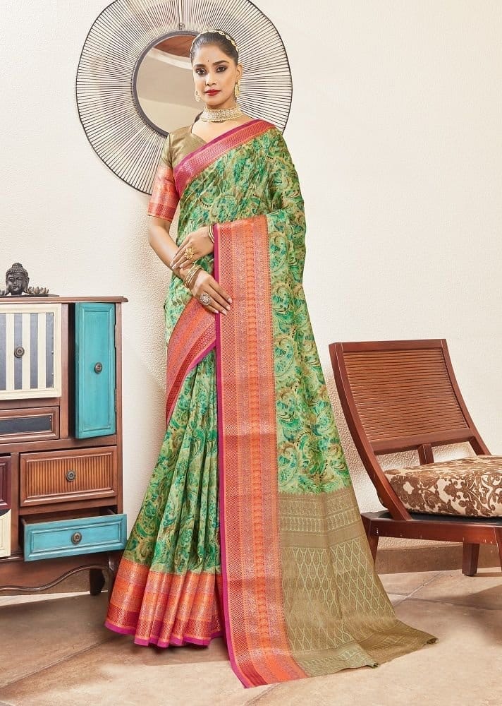 Digital Printed Art Silk Saree in Green