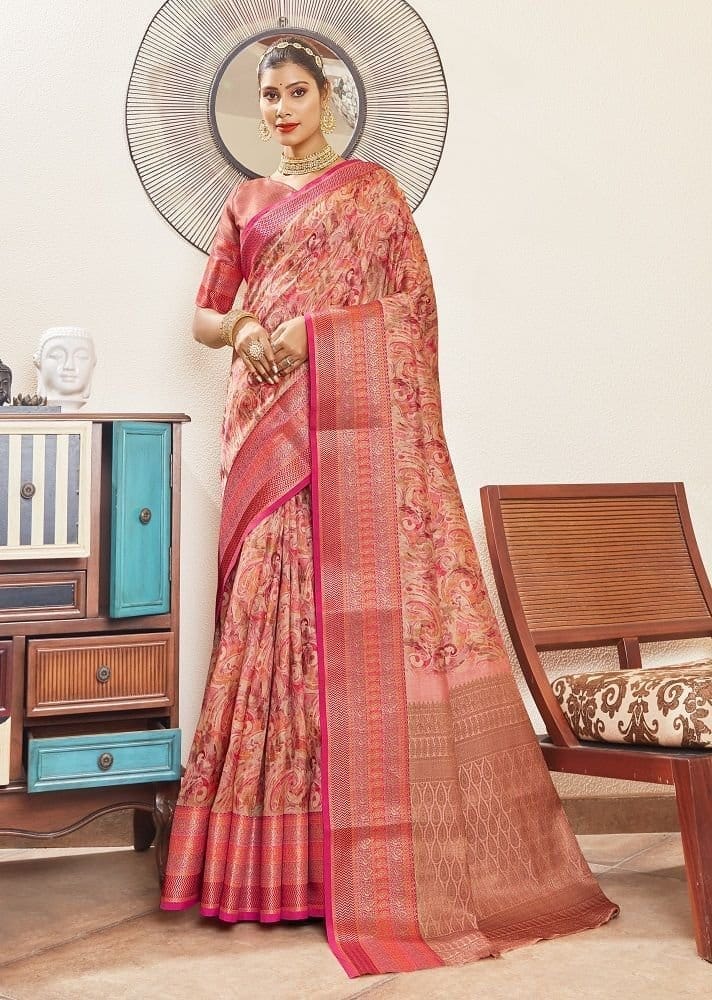 Digital Printed Art Silk Saree in Peach