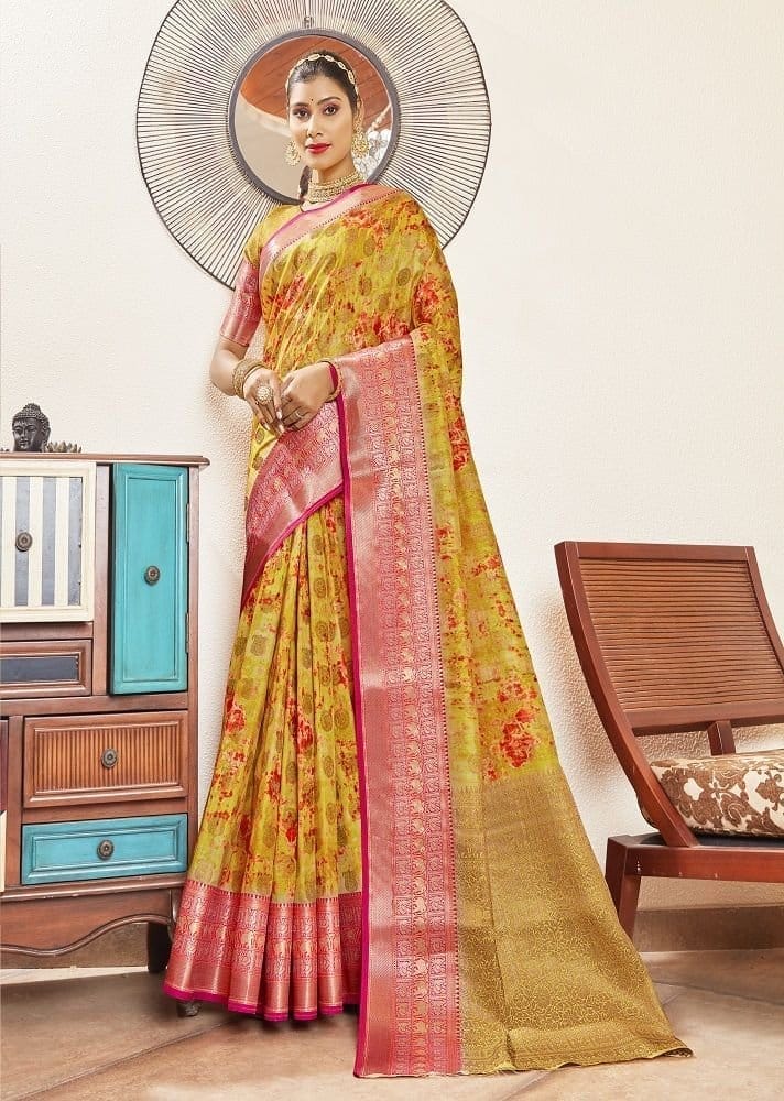 Digital Printed Art Silk Saree in Yellow