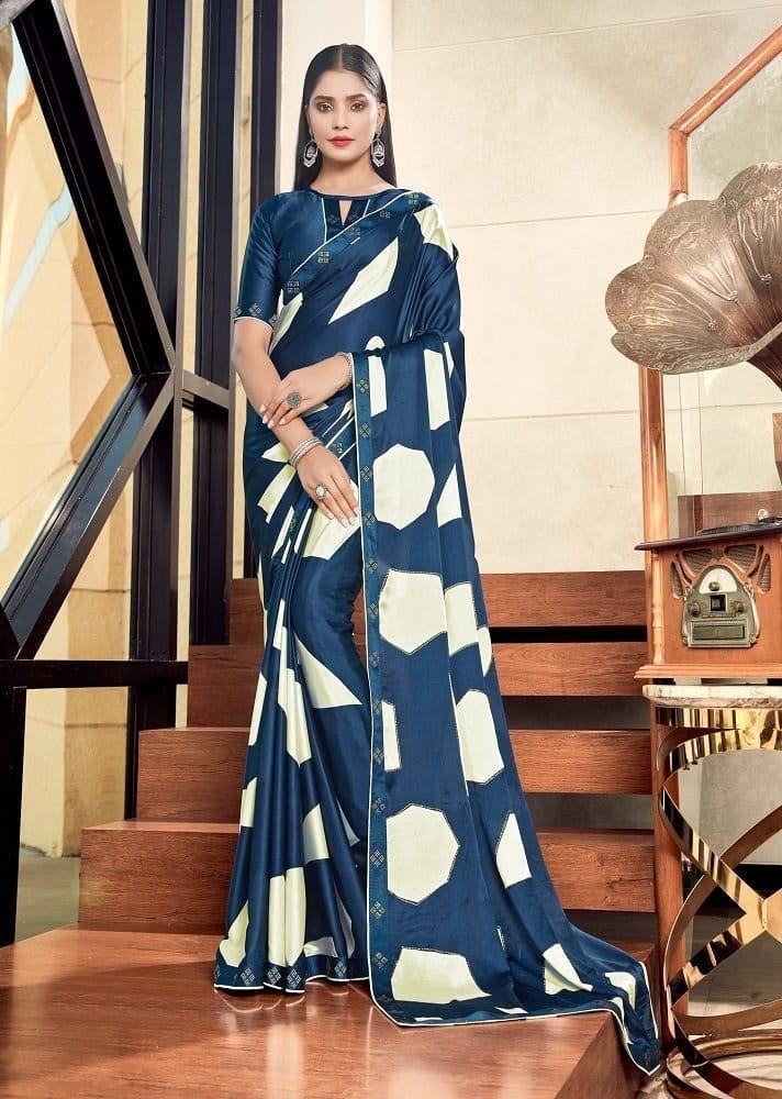 Digital Printed Satin Georgette Saree in Blue