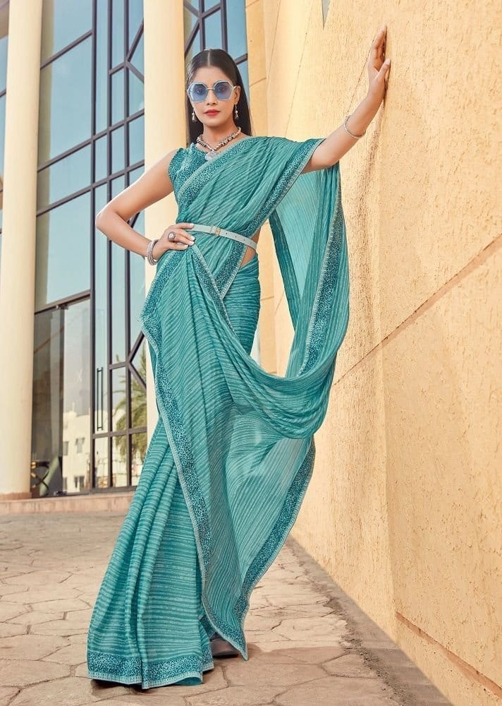 Digital Printed Satin Georgette Saree in Blue