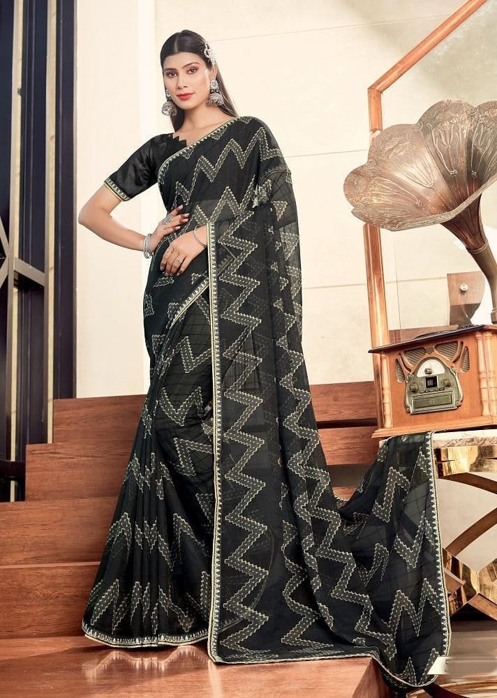 Digital Printed Georgette Saree in Black