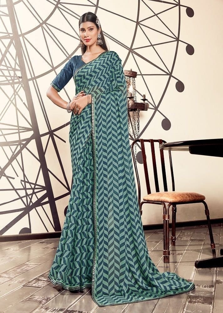 Digital Printed Georgette Saree in Sea Green and Teal Blue