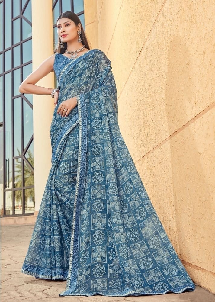Digital Printed Georgette Saree in Blue