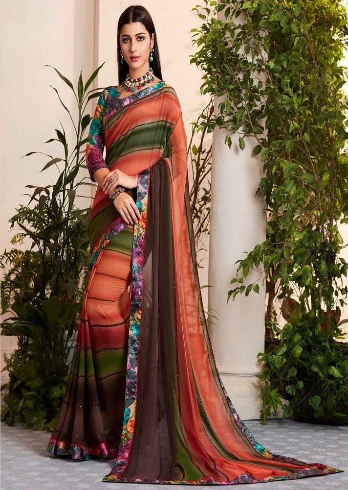 Digital Printed Georgette Saree in Multicolor