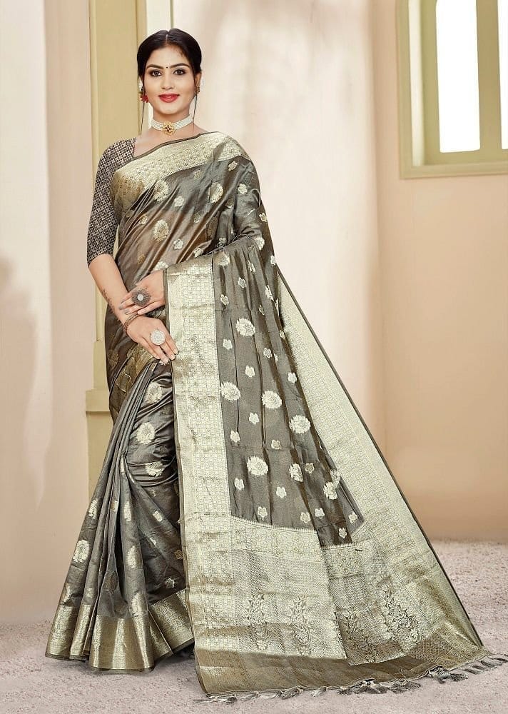 Woven Art Silk Saree in Grey