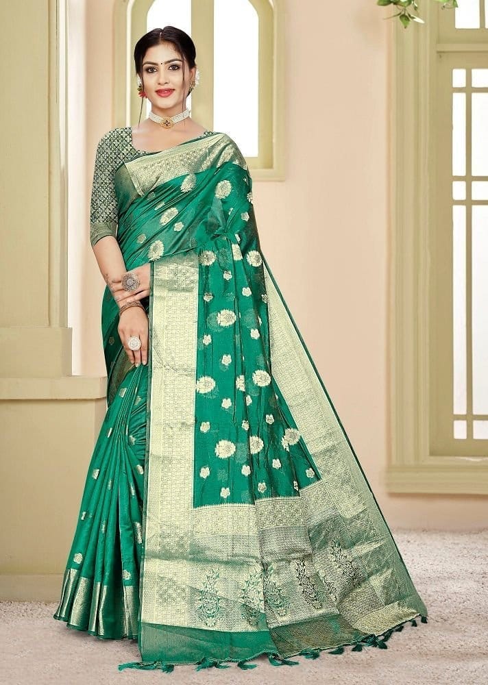 Woven Art Silk Saree in Teal Green